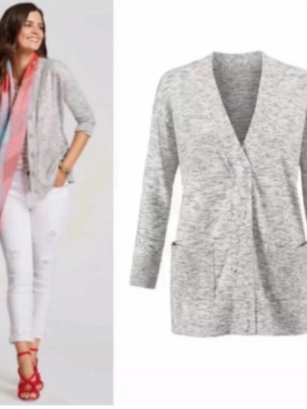 Cabi Style 5286. Lightweight Heather Gray Open-Front Cardigan with Pockets
